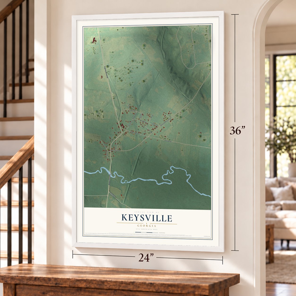 Keysville, Georgia map, 24 x 36 inch print in a white frame by a staircase