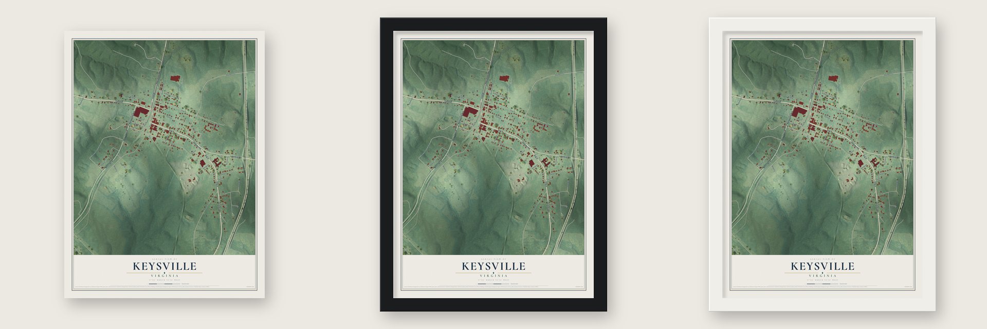 Keysville, Virginia map unframed, in a black wood frame and in a white wood frame