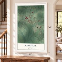 Keysville, Virginia map, 24 x 36 inch print in a white frame by a staircase