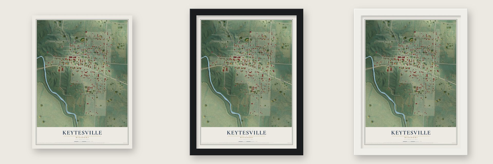 Keytesville, Missouri map unframed, in a black wood frame and in a white wood frame