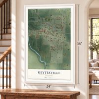Keytesville, Missouri map, 24 x 36 inch print in a white frame by a staircase