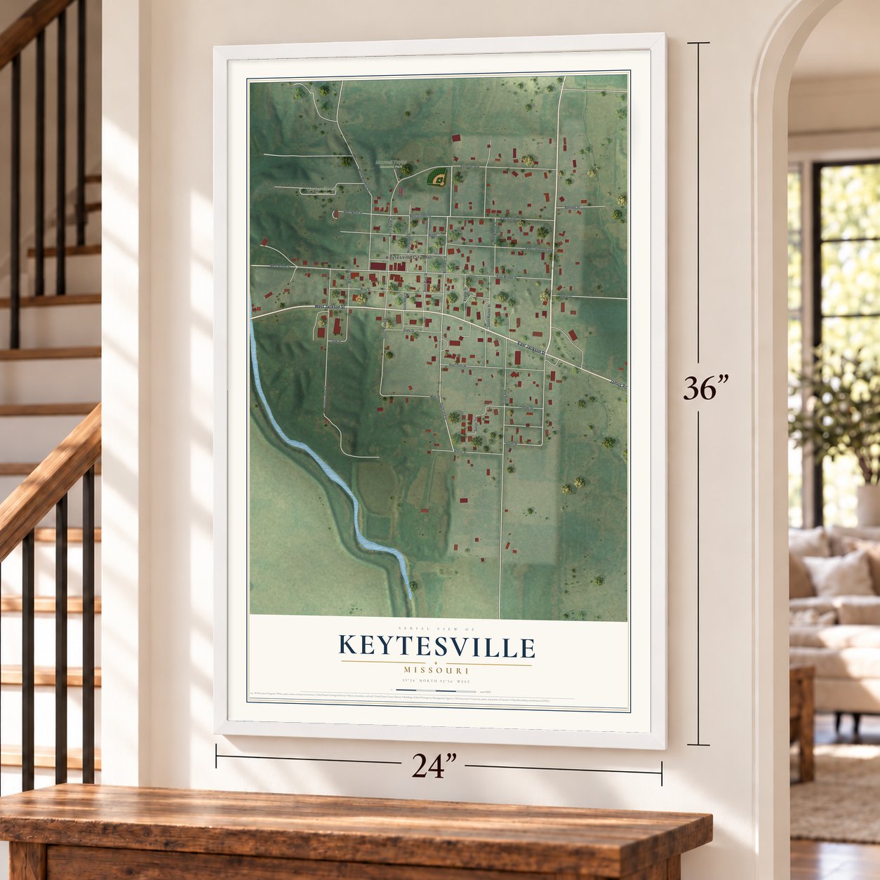 Keytesville, Missouri map, 24 x 36 inch print in a white frame by a staircase