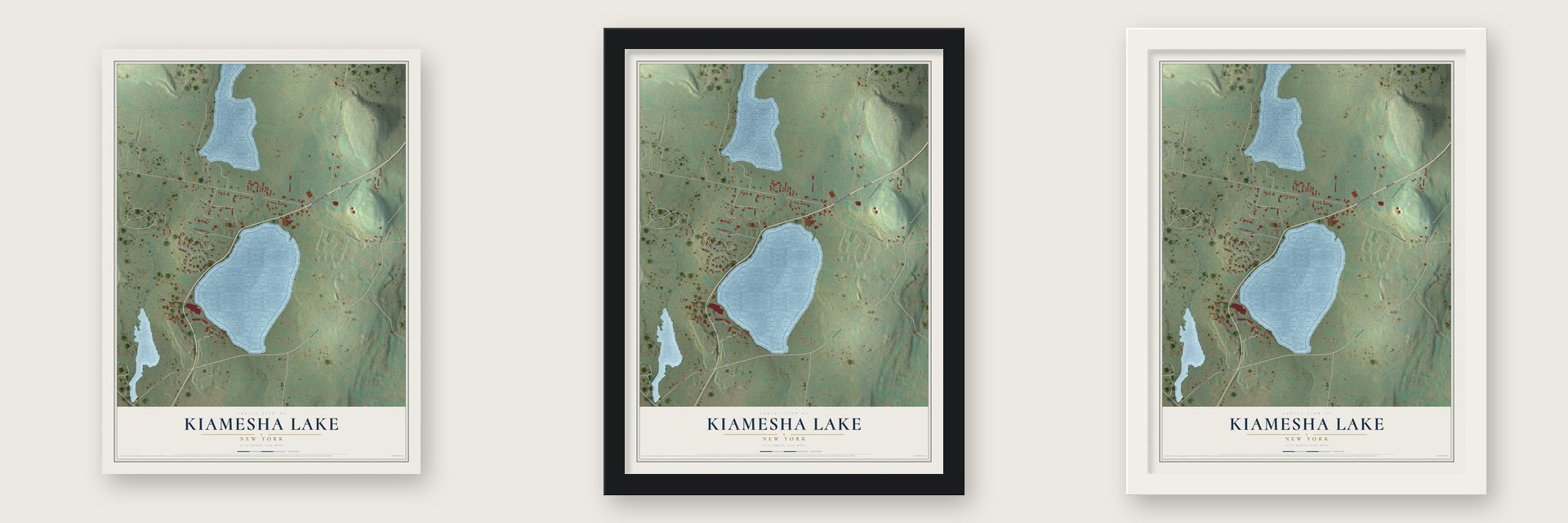 Kiamesha Lake, New York map unframed, in a black wood frame and in a white wood frame