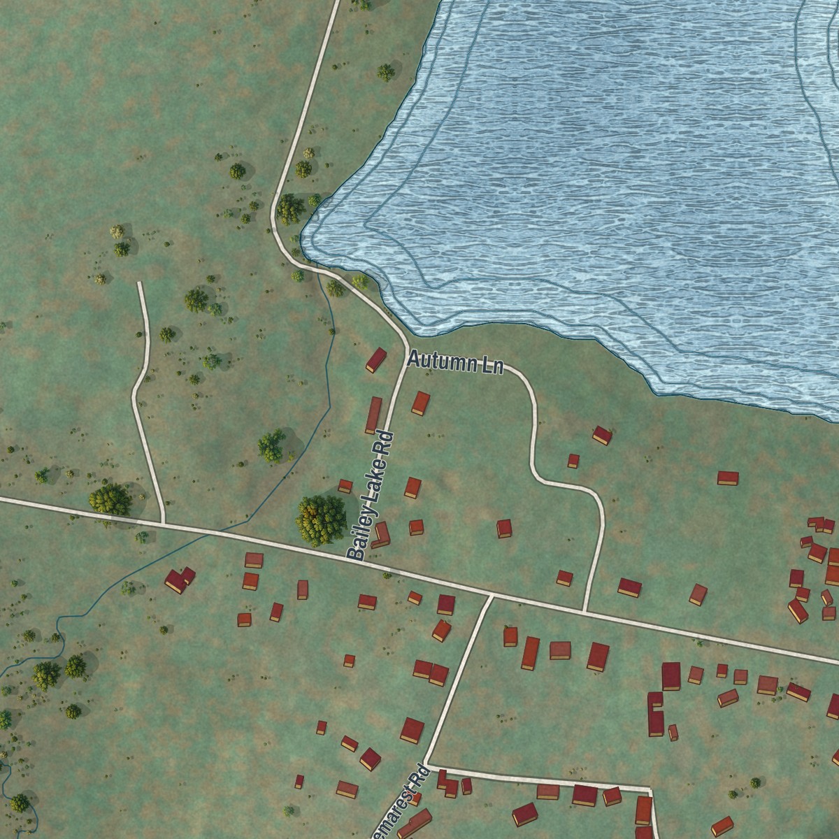 Second close-up of the map of Kiamesha Lake, New York print showing more streets and buildings