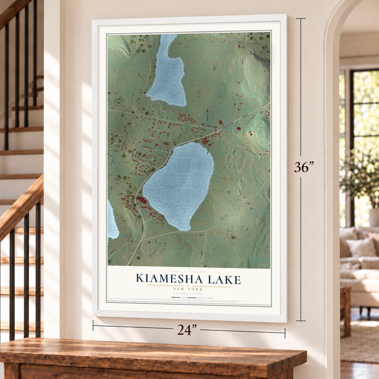 Kiamesha Lake, New York map, 24 x 36 inch print in a white frame by a staircase