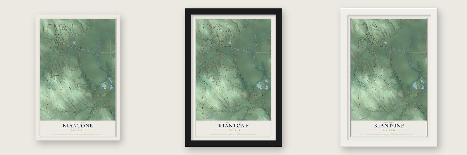 Kiantone, New York map unframed, in a black wood frame and in a white wood frame