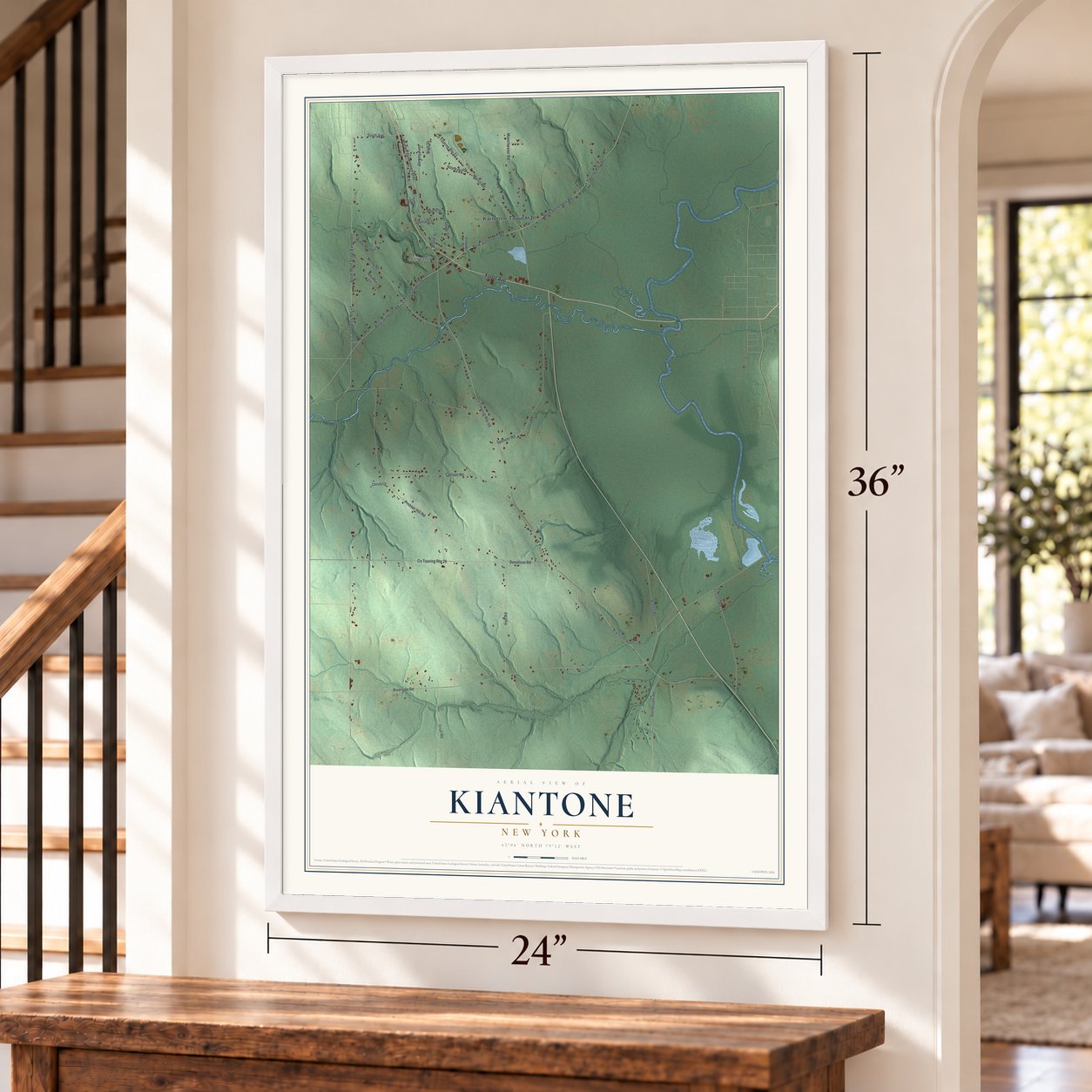 Kiantone, New York map, 24 x 36 inch print in a white frame by a staircase