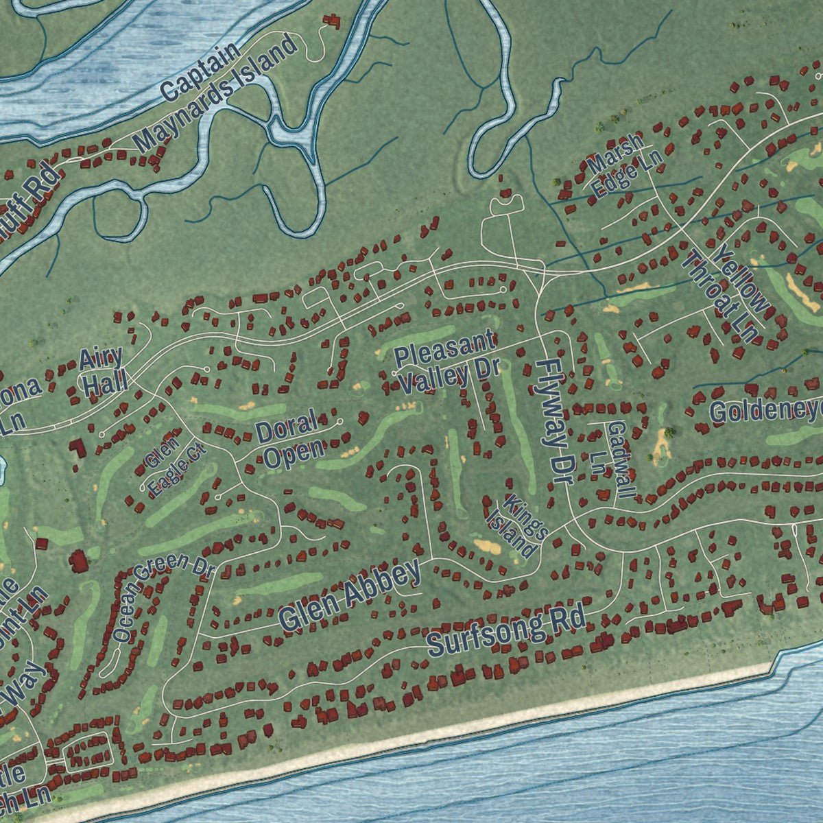 Second close-up of the map of Kiawah Island, South Carolina print showing more streets and buildings