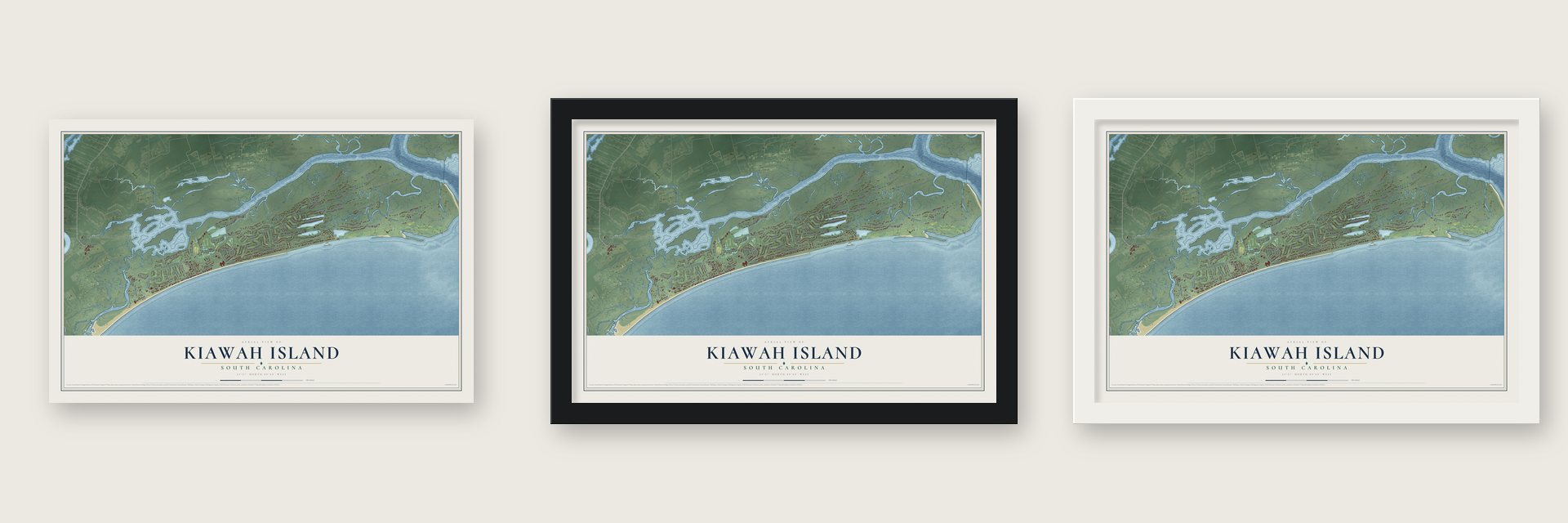 Kiawah Island, South Carolina map unframed, in a black wood frame and in a white wood frame