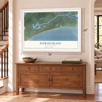 Kiawah Island, South Carolina map, 24 x 36 inch print in a white frame above a dresser by a staircase