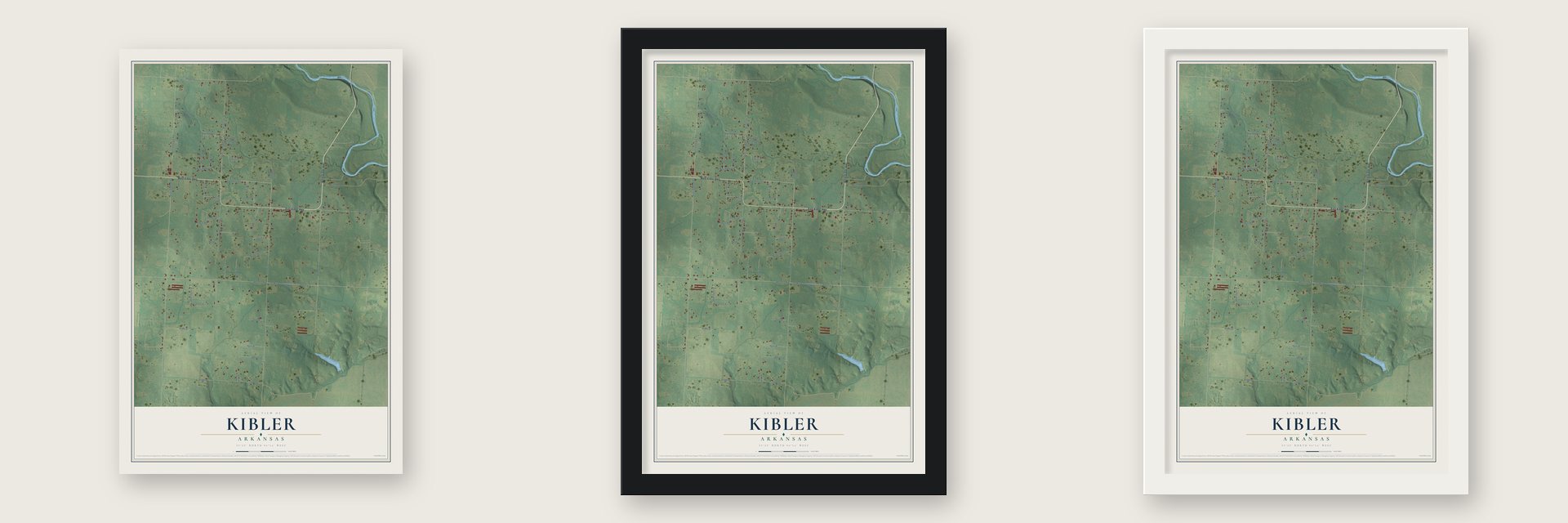 Kibler, Arkansas map unframed, in a black wood frame and in a white wood frame