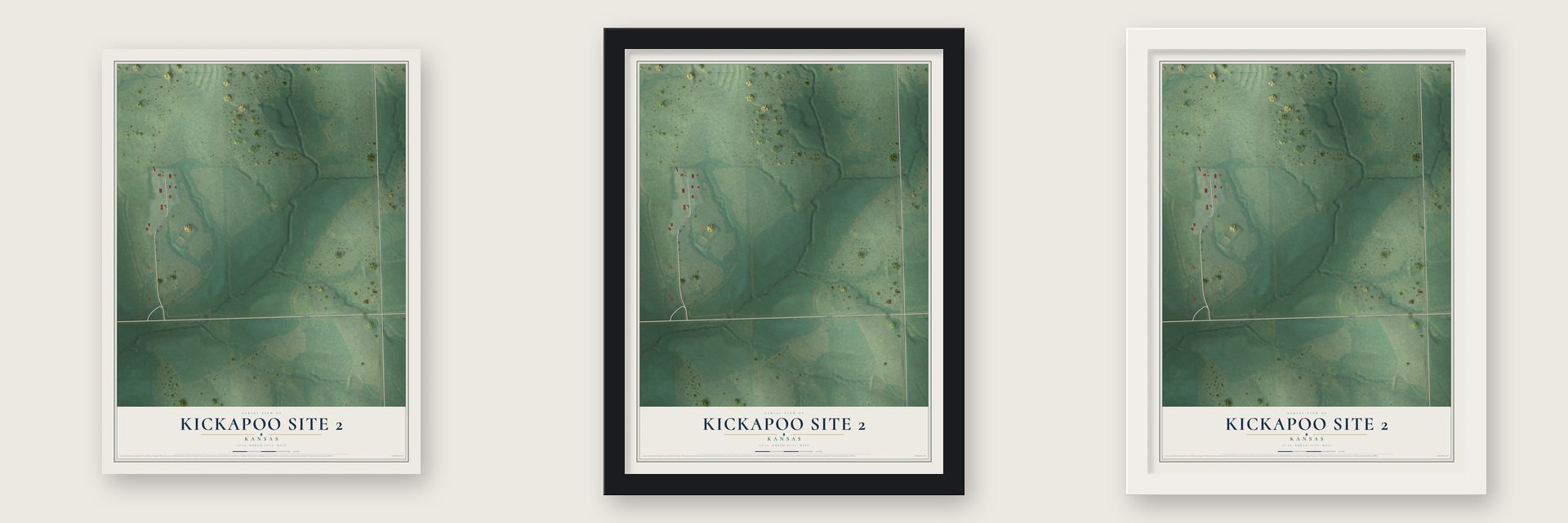Kickapoo Site 2, Kansas map unframed, in a black wood frame and in a white wood frame