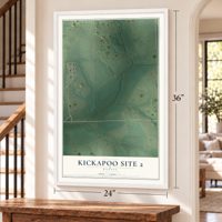 Kickapoo Site 2, Kansas map, 24 x 36 inch print in a white frame by a staircase