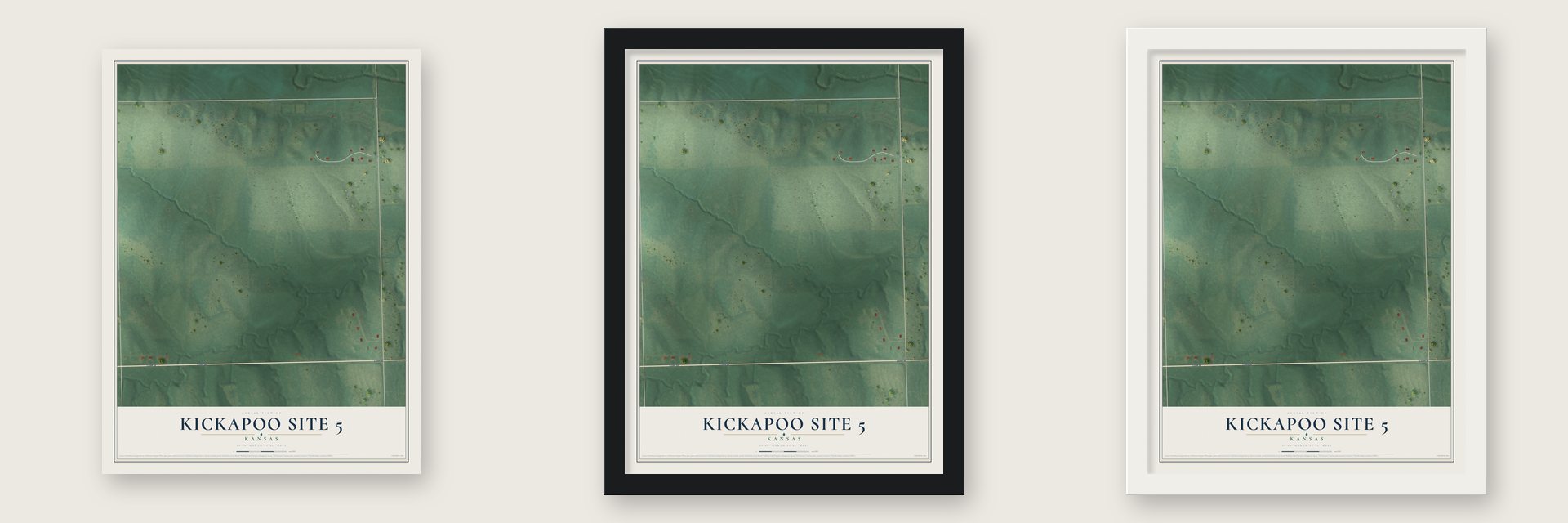 Kickapoo Site 5, Kansas map unframed, in a black wood frame and in a white wood frame