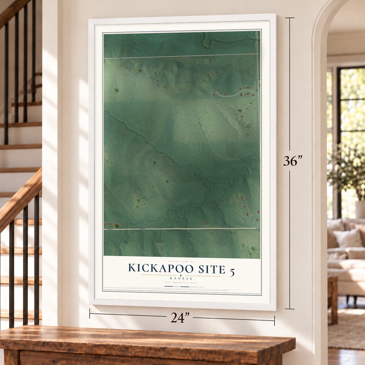 Kickapoo Site 5, Kansas map, 24 x 36 inch print in a white frame by a staircase