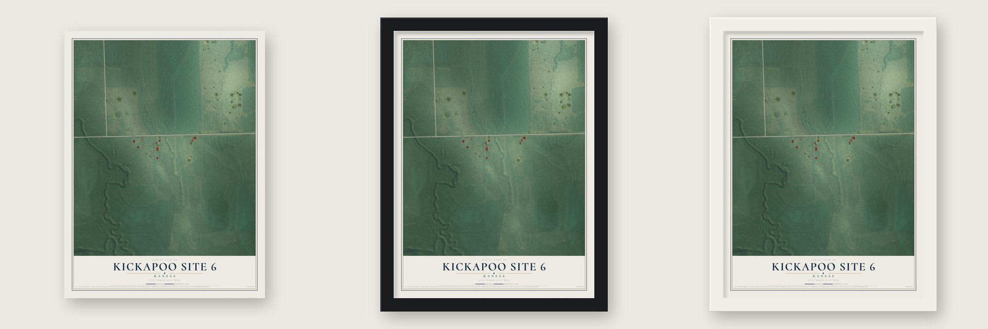 Kickapoo Site 6, Kansas map unframed, in a black wood frame and in a white wood frame