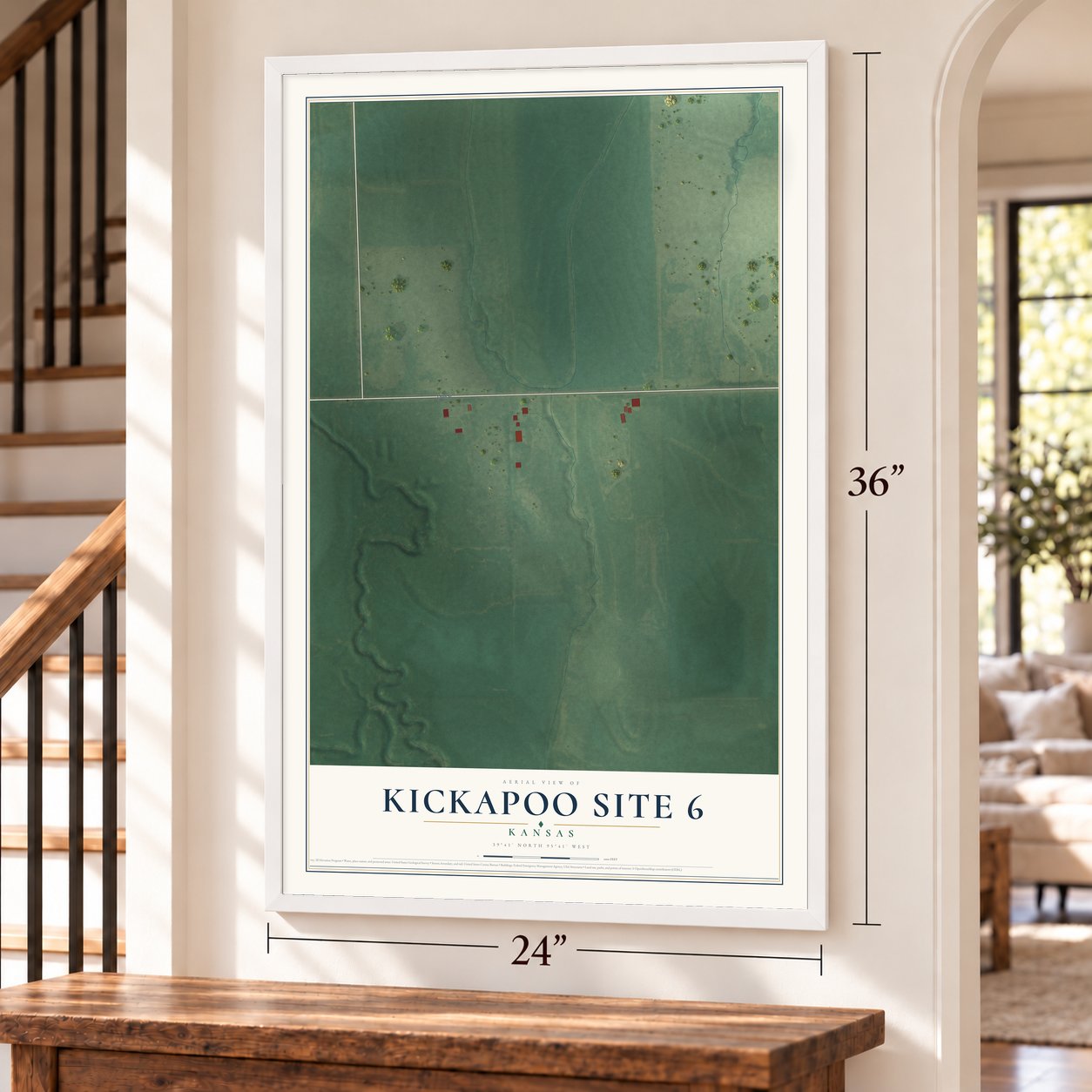 Kickapoo Site 6, Kansas map, 24 x 36 inch print in a white frame by a staircase