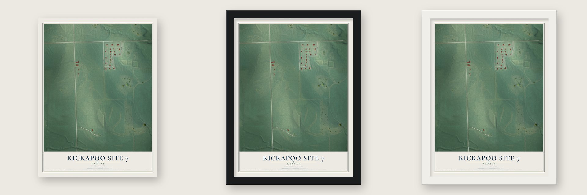 Kickapoo Site 7, Kansas map unframed, in a black wood frame and in a white wood frame
