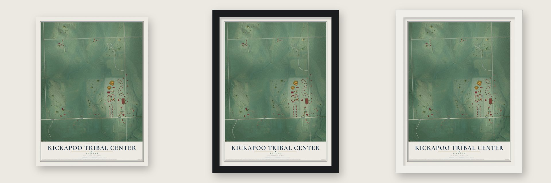 Kickapoo Tribal Center, Kansas map unframed, in a black wood frame and in a white wood frame