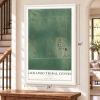 Kickapoo Tribal Center, Kansas map, 24 x 36 inch print in a white frame by a staircase