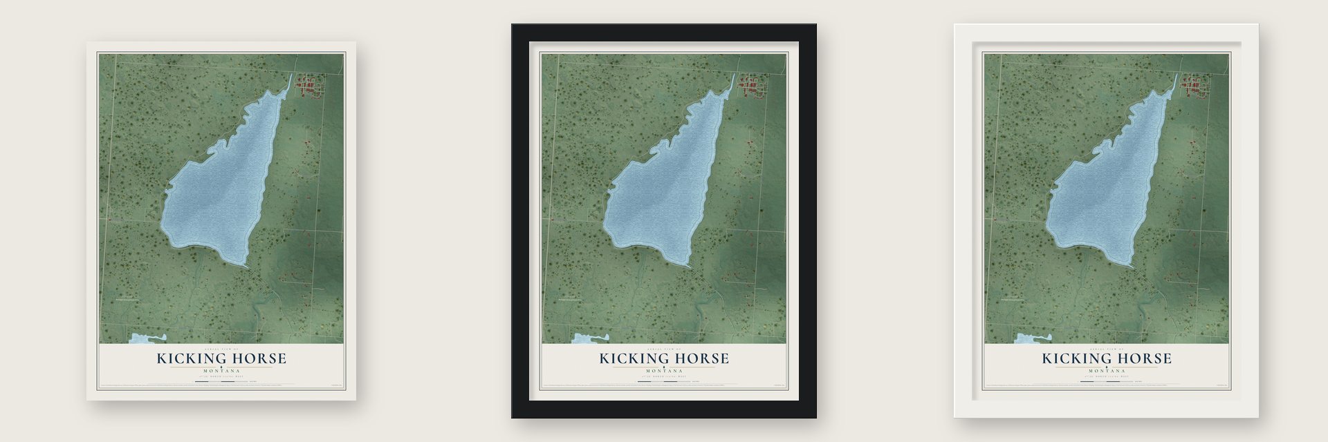 Kicking Horse, Montana map unframed, in a black wood frame and in a white wood frame