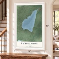 Kicking Horse, Montana map, 24 x 36 inch print in a white frame by a staircase