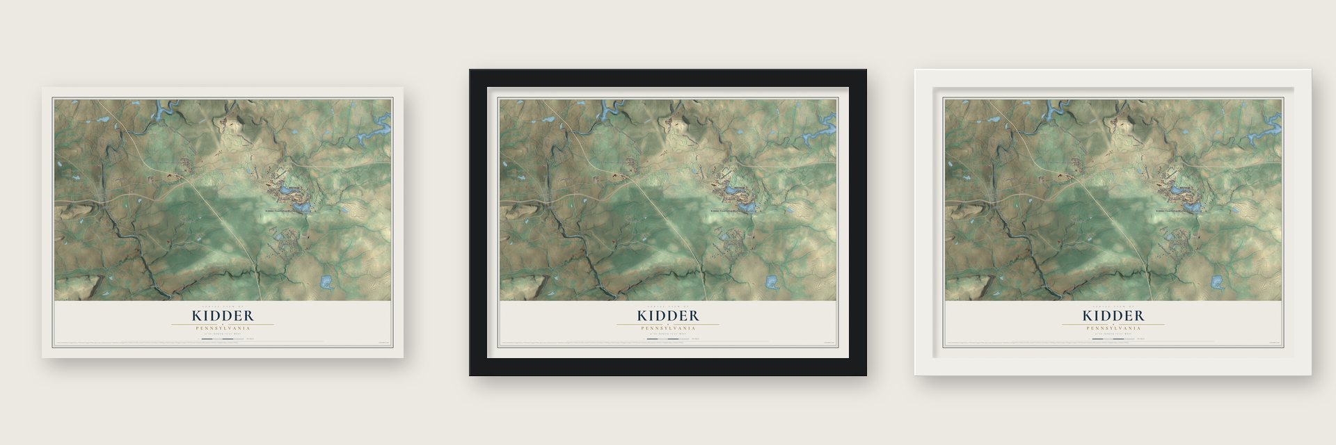Kidder, Pennsylvania map unframed, in a black wood frame and in a white wood frame