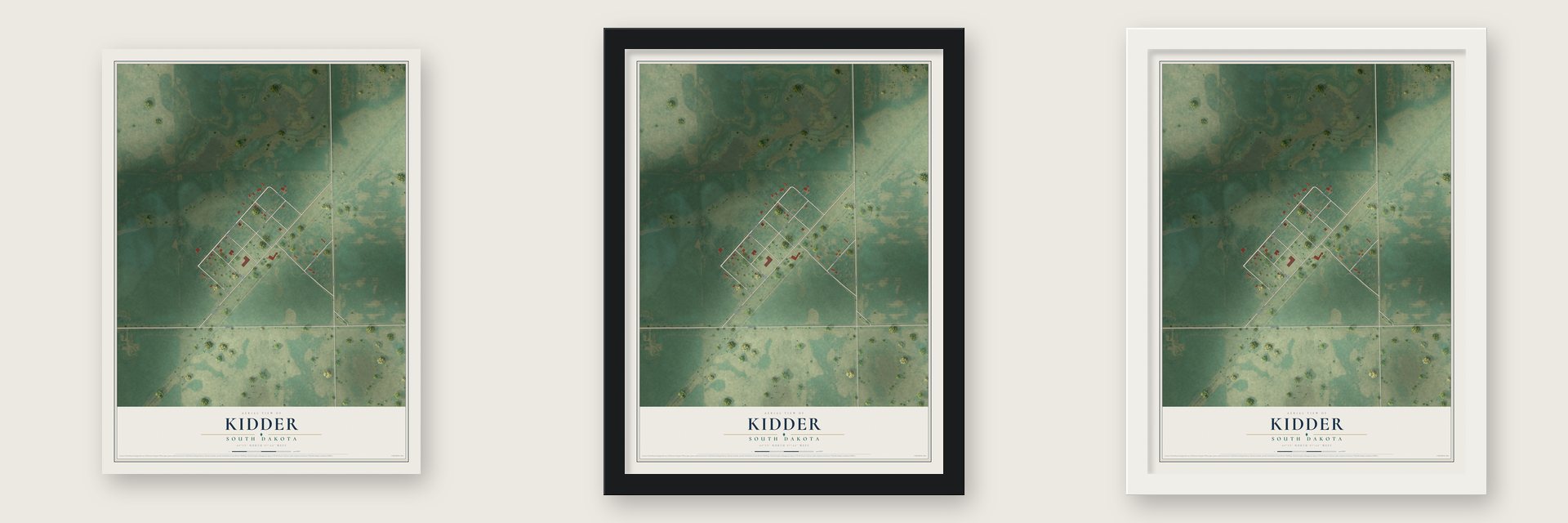 Kidder, South Dakota map unframed, in a black wood frame and in a white wood frame