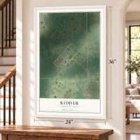 Kidder, South Dakota map, 24 x 36 inch print in a white frame by a staircase