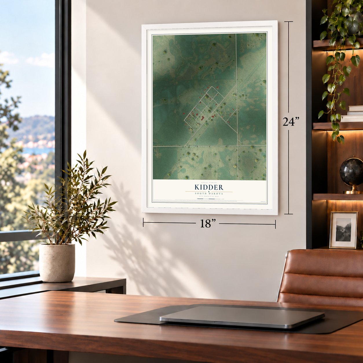 Kidder, South Dakota map, 18 x 24 inch print in a white frame in a home office