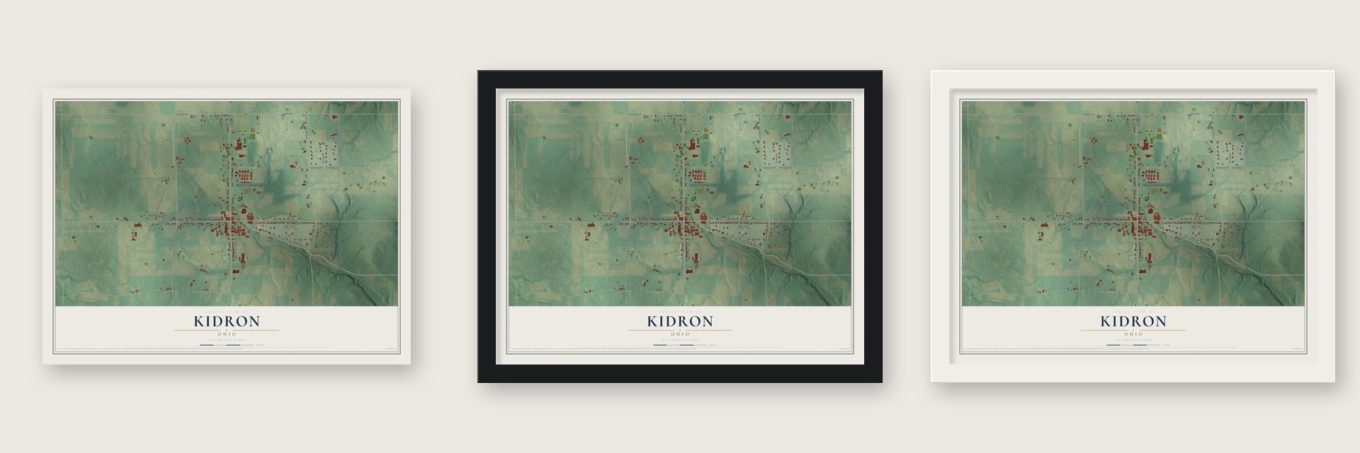 Kidron, Ohio map unframed, in a black wood frame and in a white wood frame