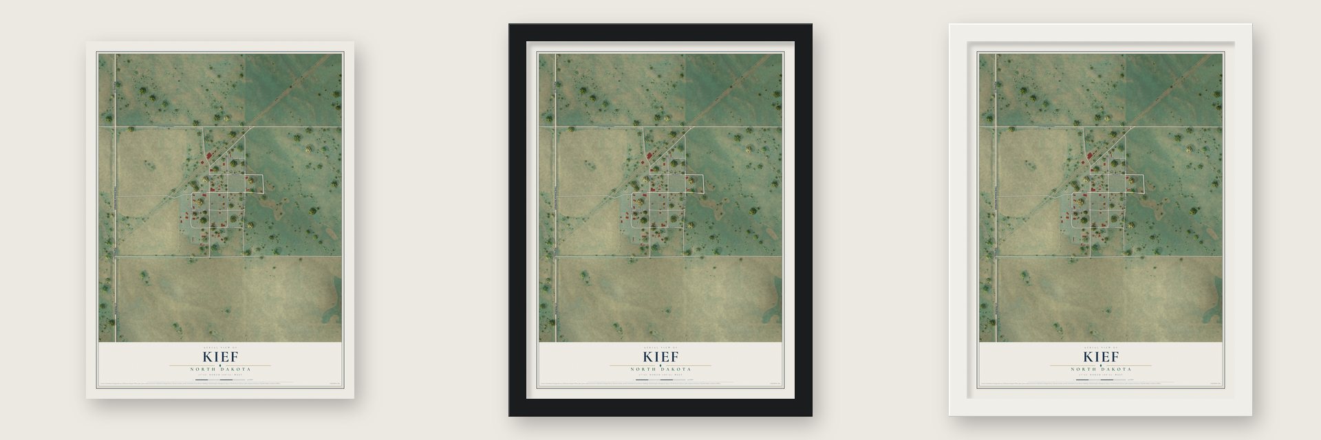 Kief, North Dakota map unframed, in a black wood frame and in a white wood frame