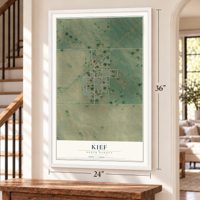Kief, North Dakota map, 24 x 36 inch print in a white frame by a staircase
