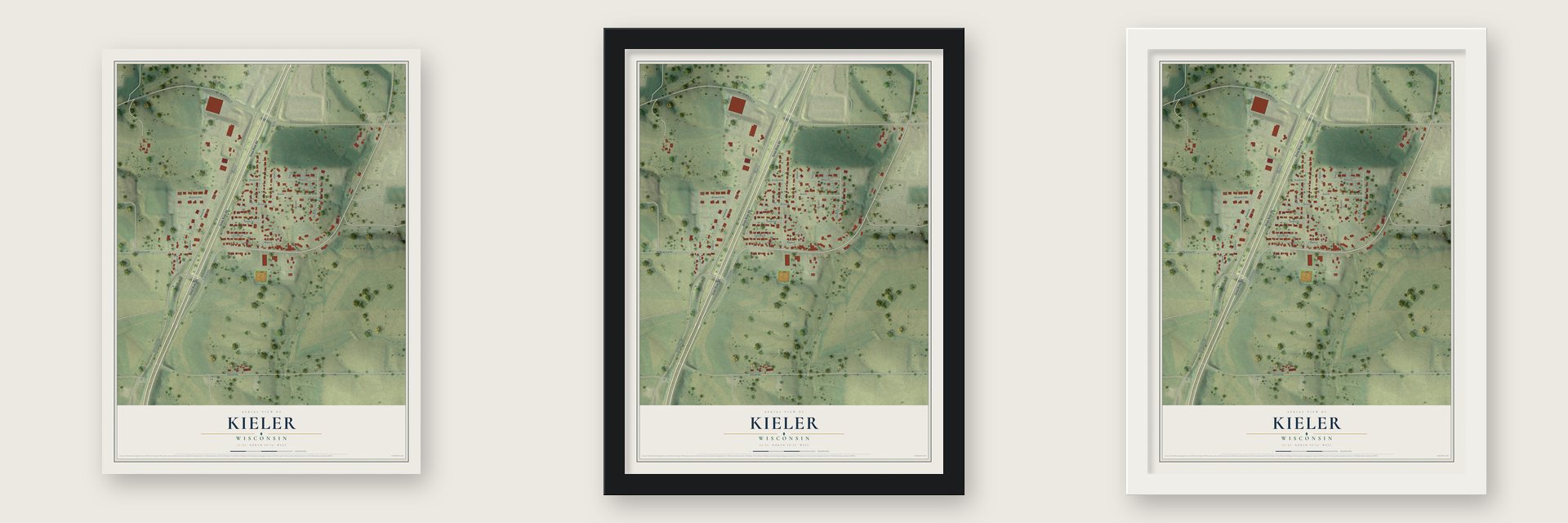 Kieler, Wisconsin map unframed, in a black wood frame and in a white wood frame