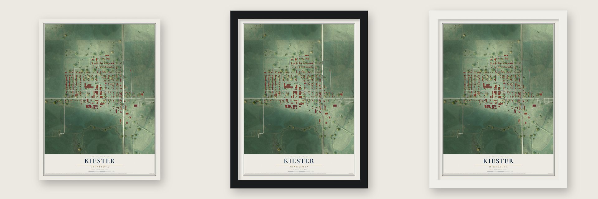Kiester, Minnesota map unframed, in a black wood frame and in a white wood frame