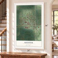 Kiester, Minnesota map, 24 x 36 inch print in a white frame by a staircase