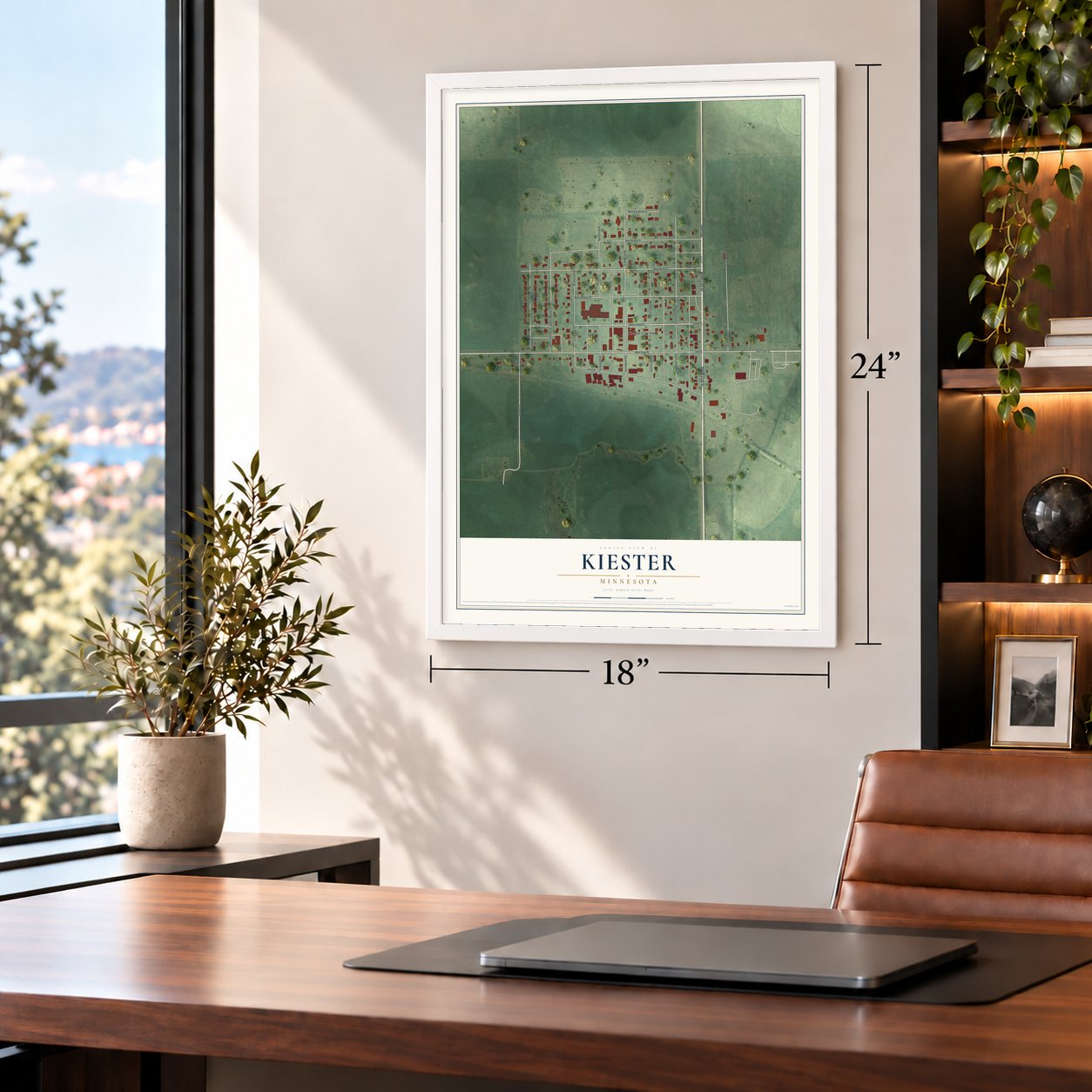 Kiester, Minnesota map, 18 x 24 inch print in a white frame in a home office