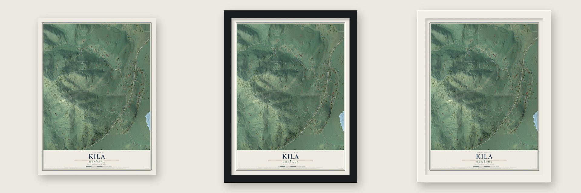 Kila, Montana map unframed, in a black wood frame and in a white wood frame