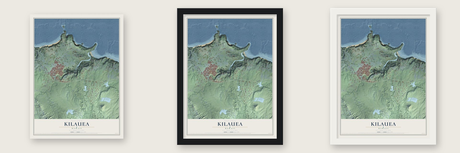 Kilauea, Hawaii map unframed, in a black wood frame and in a white wood frame