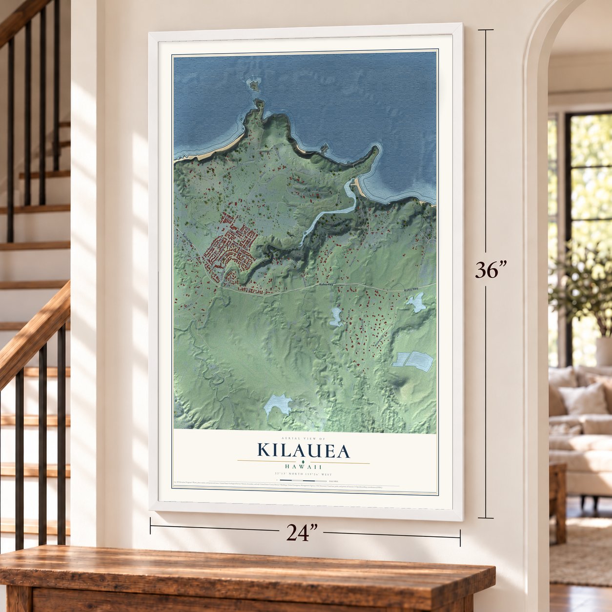 Kilauea, Hawaii map, 24 x 36 inch print in a white frame by a staircase