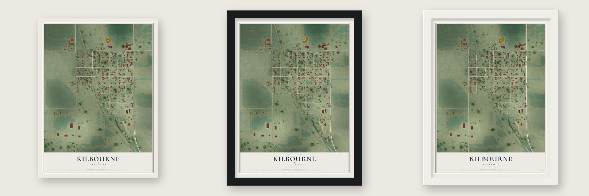 Kilbourne, Illinois map unframed, in a black wood frame and in a white wood frame