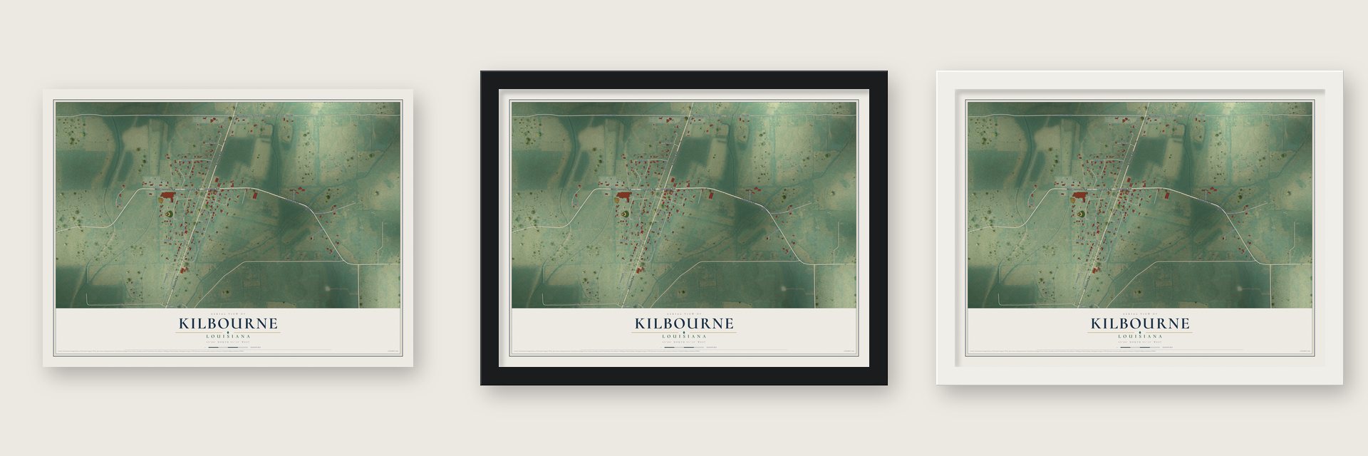 Kilbourne, Louisiana map unframed, in a black wood frame and in a white wood frame