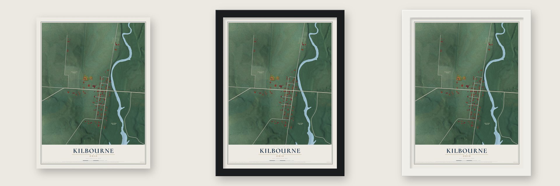 Kilbourne, Ohio map unframed, in a black wood frame and in a white wood frame