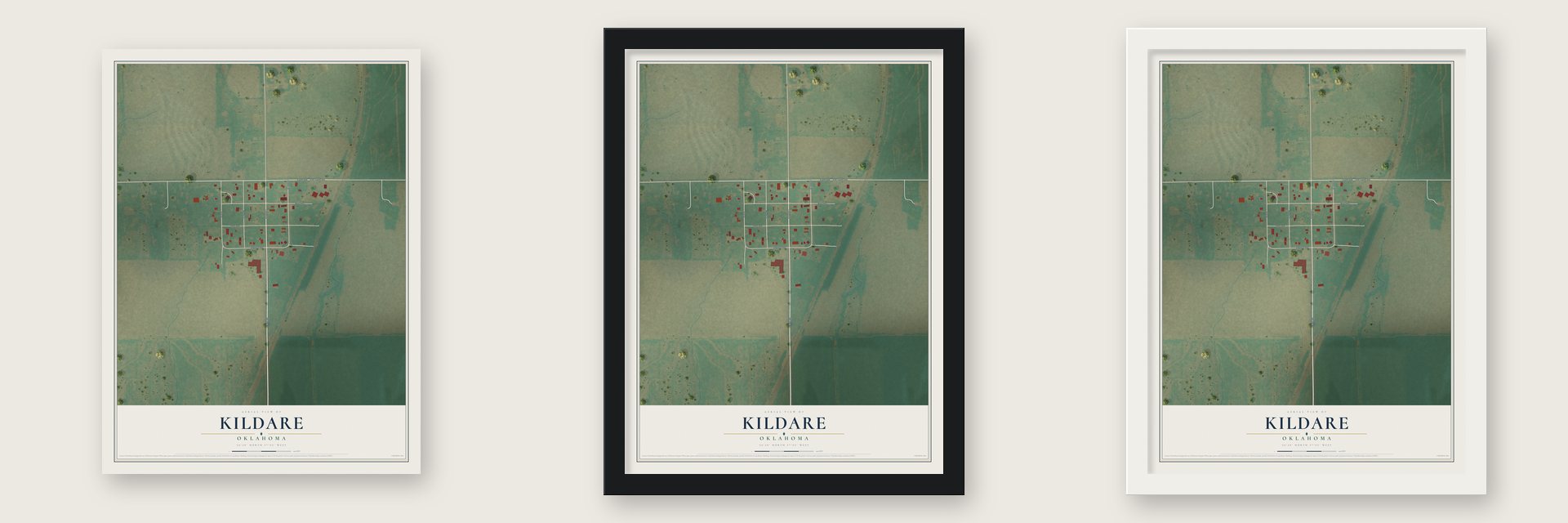 Kildare, Oklahoma map unframed, in a black wood frame and in a white wood frame