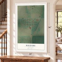 Kildare, Oklahoma map, 24 x 36 inch print in a white frame by a staircase