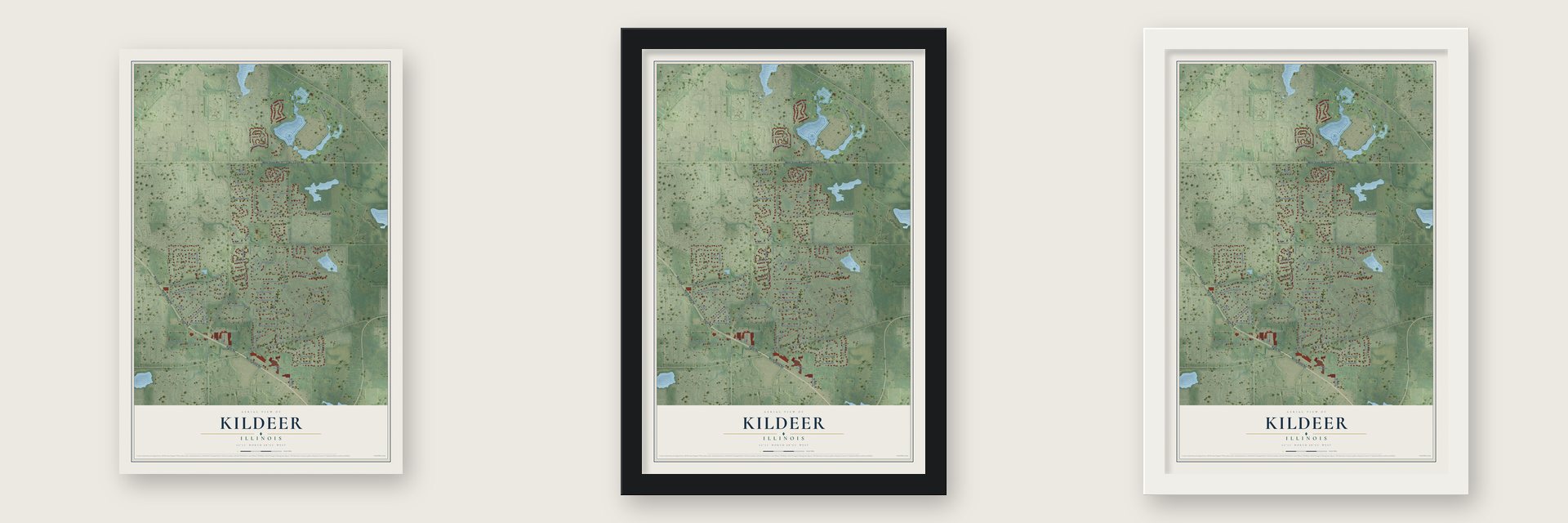 Kildeer, Illinois map unframed, in a black wood frame and in a white wood frame