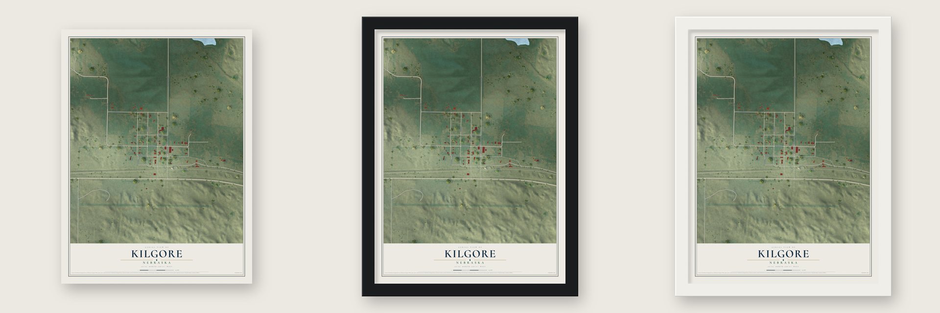 Kilgore, Nebraska map unframed, in a black wood frame and in a white wood frame