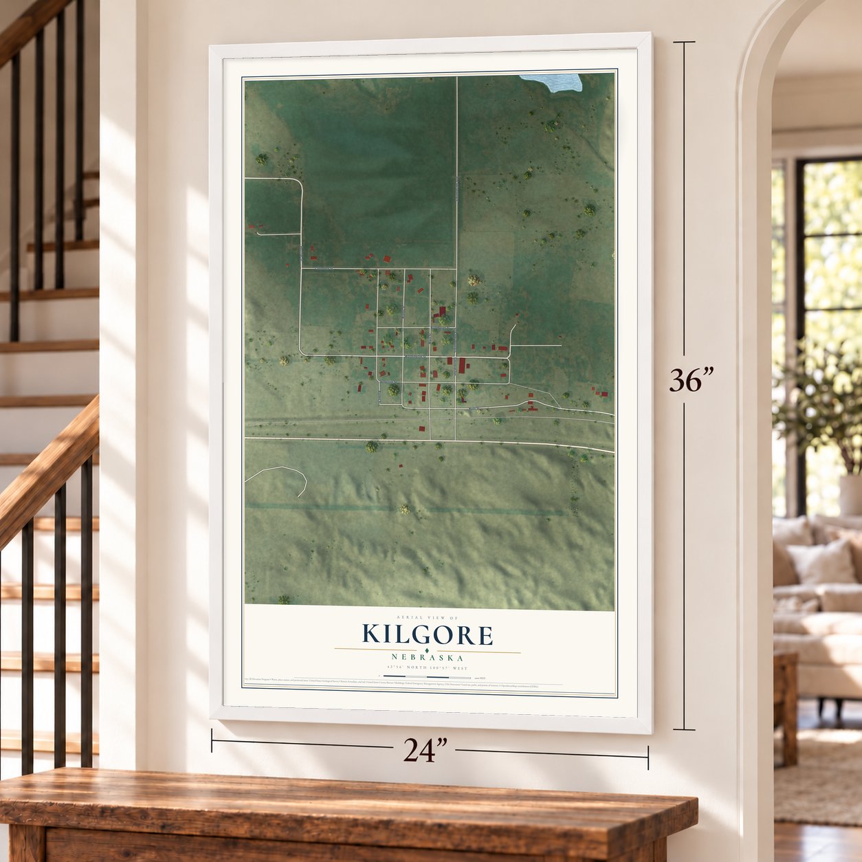 Kilgore, Nebraska map, 24 x 36 inch print in a white frame by a staircase