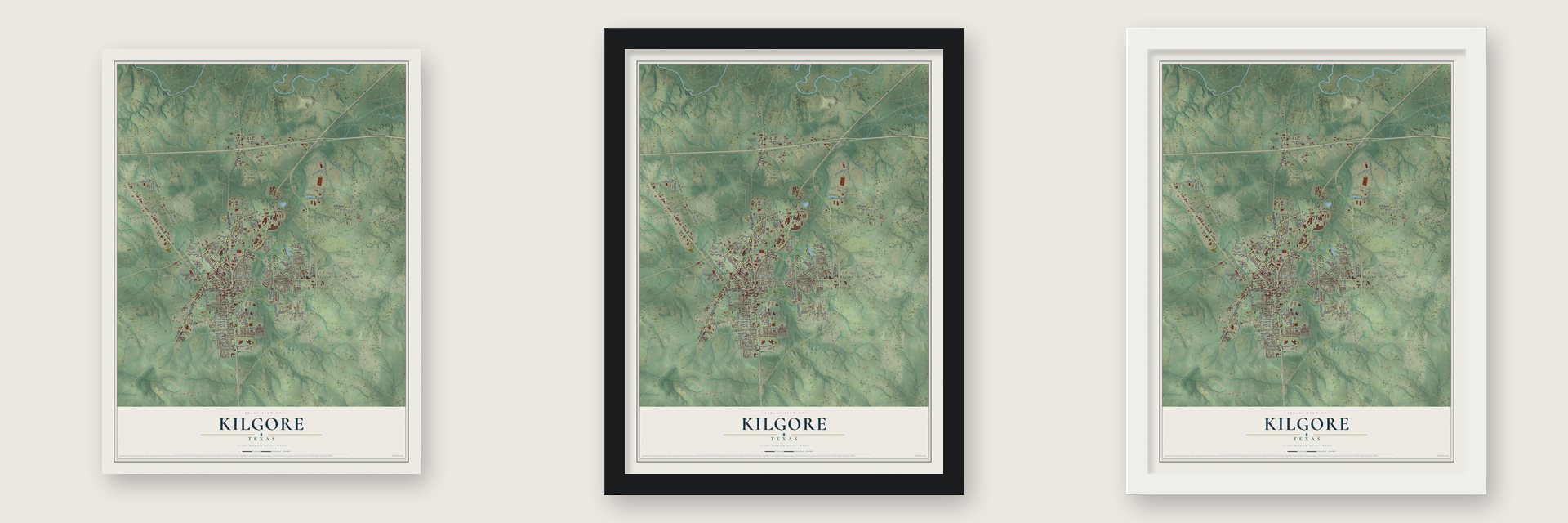 Kilgore, Texas map unframed, in a black wood frame and in a white wood frame