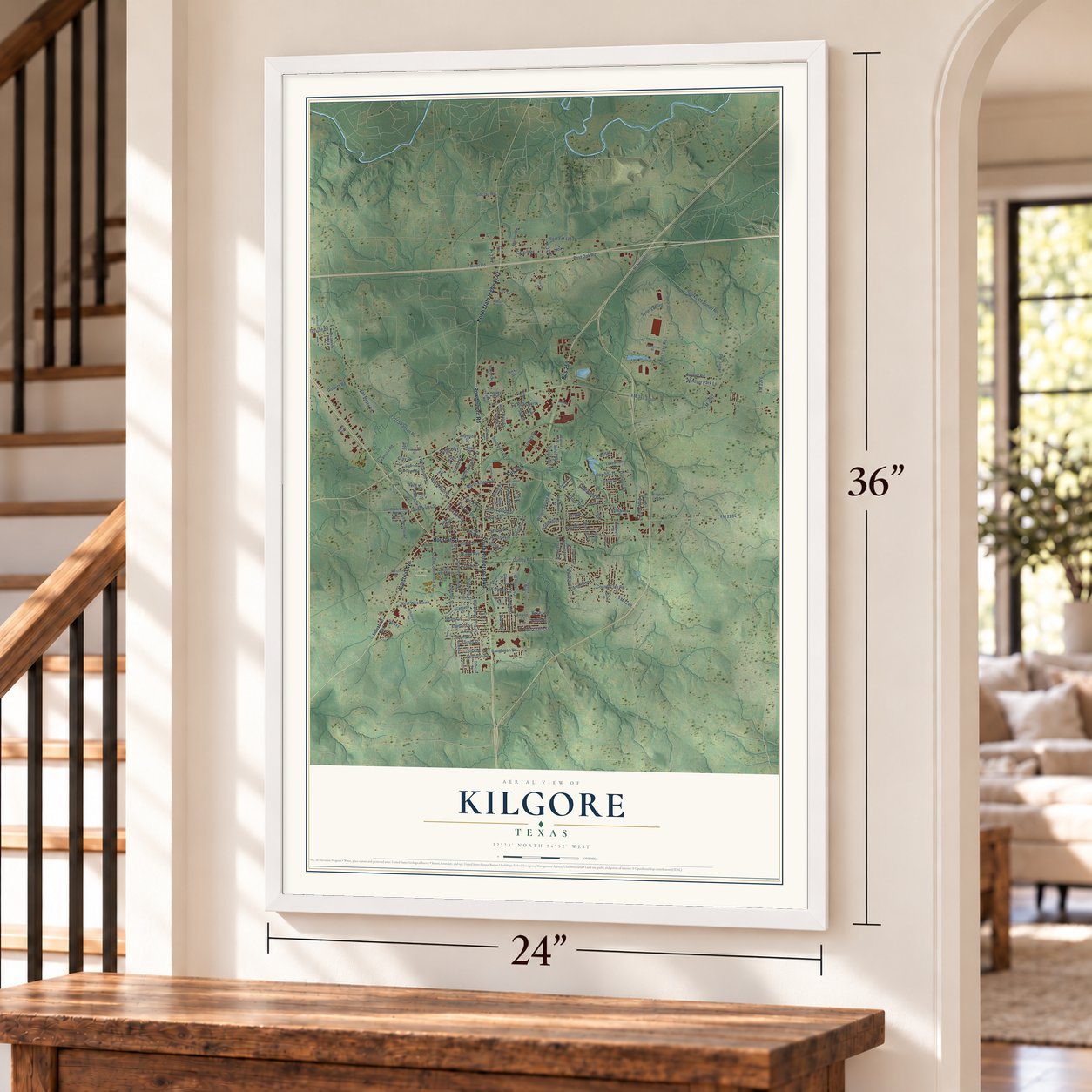 Kilgore, Texas map, 24 x 36 inch print in a white frame by a staircase